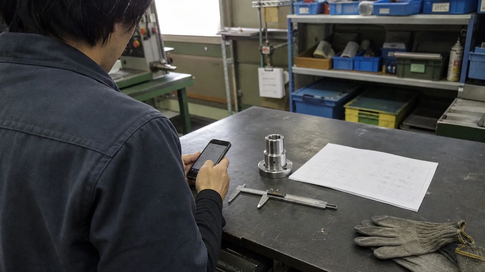 工場の作業台で仕様を確認する場面